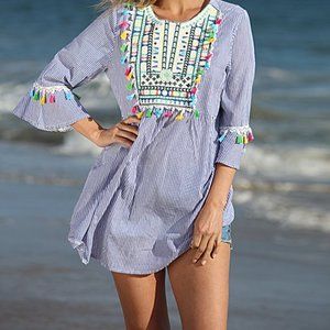 Blue Embroidered Tassel Bell-Sleeve Tunic
